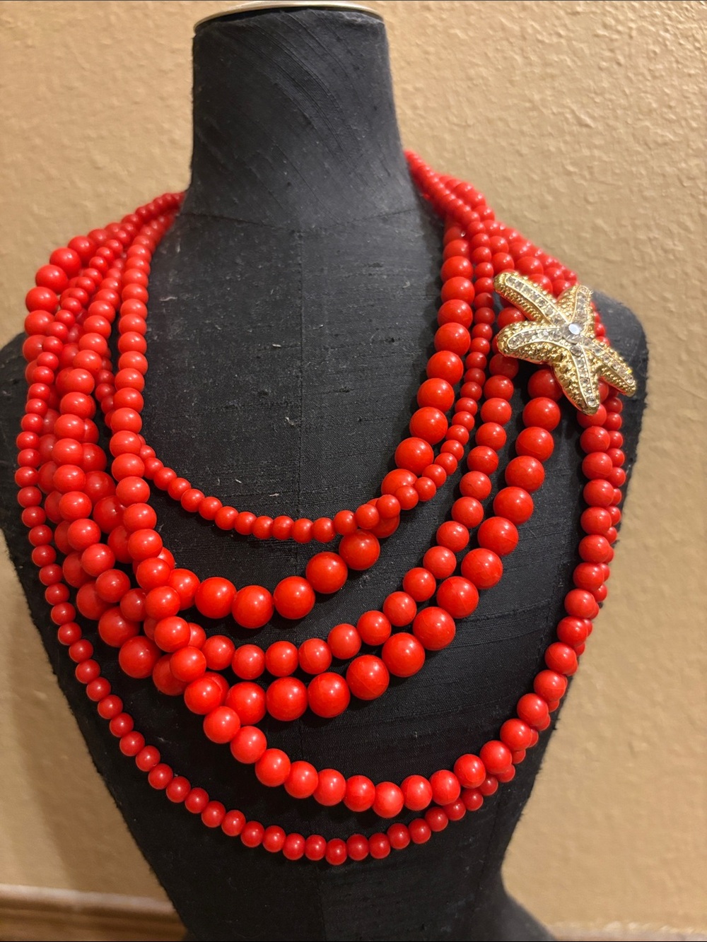 Red Multi-Strand Beaded Necklace with Gold Starfish Accent